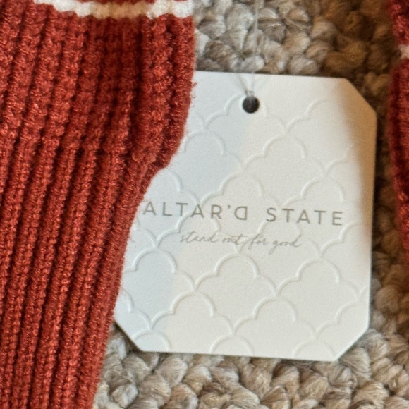Altar'd State Brick Red Cropped Sweater with Cream Stripes - Picture 3 of 7